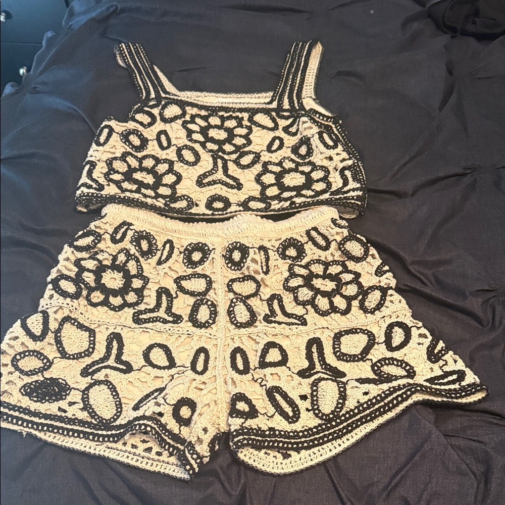 Rebellion High Waist Crochet Shorts in Black and Cream w/ top
